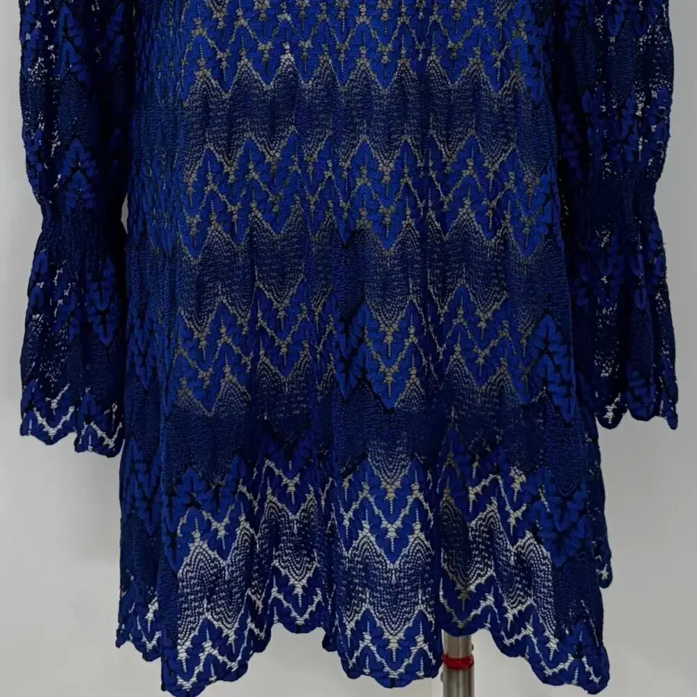 Free People Simone Lace Mini Dress Long Sleeve Zig Zag Cobalt Blue L No Slip
